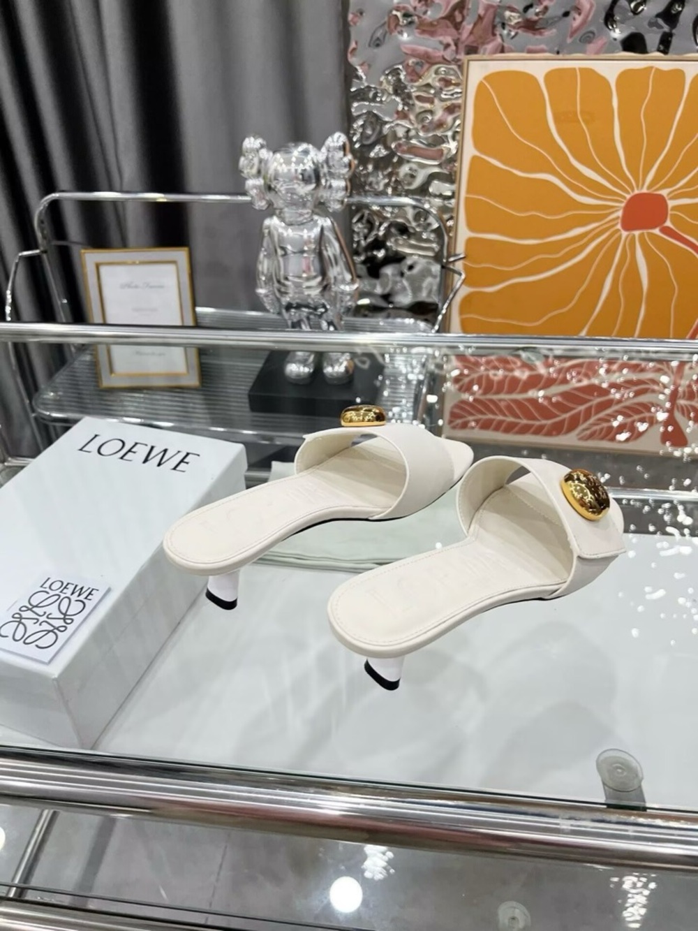 Loewe Cream Leather Slide Mules with Gold Medallion - Picture 7 of 7